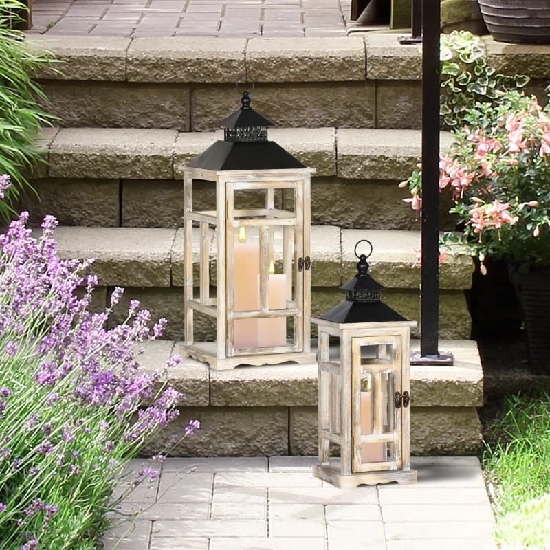 HOMCOM 2 Pack 30"/21" Large Fine Woodworking Decorative Lantern, Metal Hanging Wooden Indoor Covered Outdoor Lantern for Home Décor (No Glass), Black and Natural Wood Faded Colour
