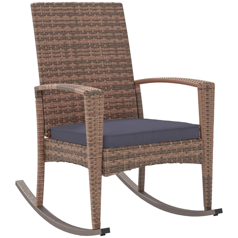 Outsunny Outdoor PE Rattan Rocking Chair, Garden Glider Rocking Chair, Wicker Patio Chair Set with Armrest and Cushion, Dark Blue
