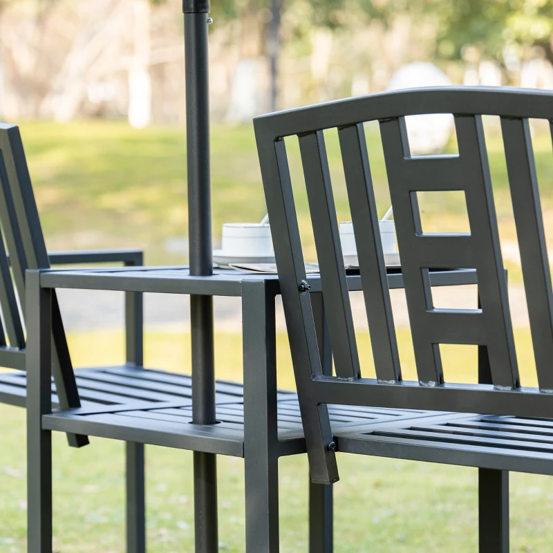 Outsunny Metal Garden Bench with Middle Table and Umbrella Hole, 2-in-1 Double Patio Chairs, Outdoor 2-person Tete-a-Tete, Slatted, Black(m-9)