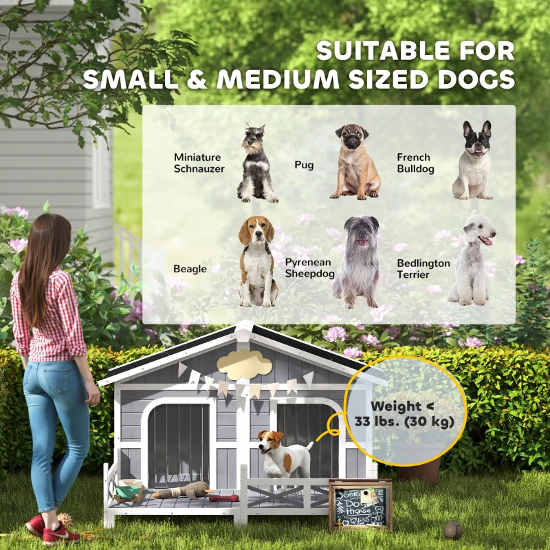 PawHut Dog House Outdoor, Wooden Dog Kennel Weatherproof with Porch, Openable Roof, Removable Bottom, Elevated Floor, Double Room for 2 Small to Medium Breeds, Gray