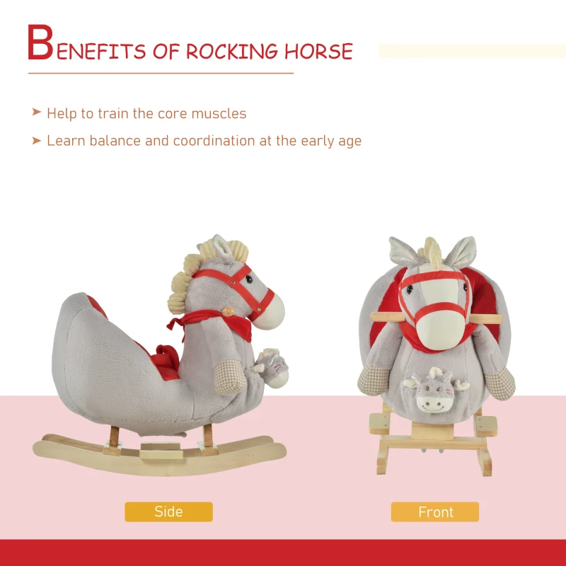 Qaba Kids Ride On Rocking Horse with Cradlesong Handle Grip Hand Puppet Traditional Toy Gift for Children 18-36 Months Rocking Toy for Toddler Grey