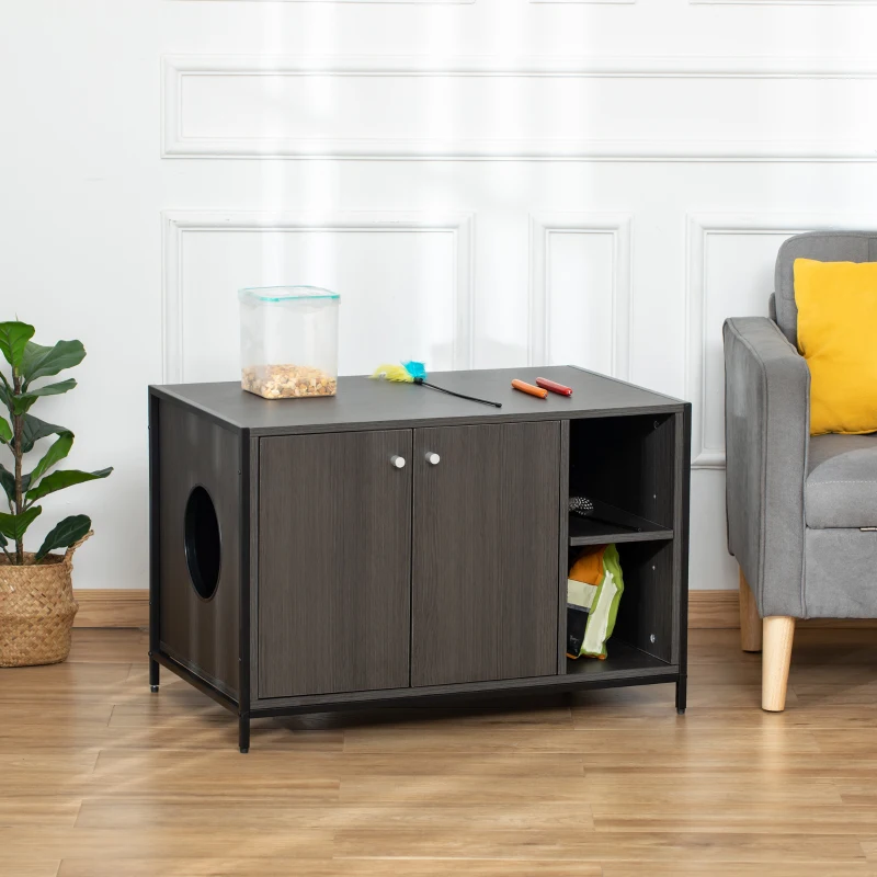 PawHut Cat Litter Box Enclosure Hidden Cat Furniture Cabinet Indoor Cat Washroom Double-door Nightstand End Table with Damping Hinge Multiple Storage Place Adjustable Partition Black