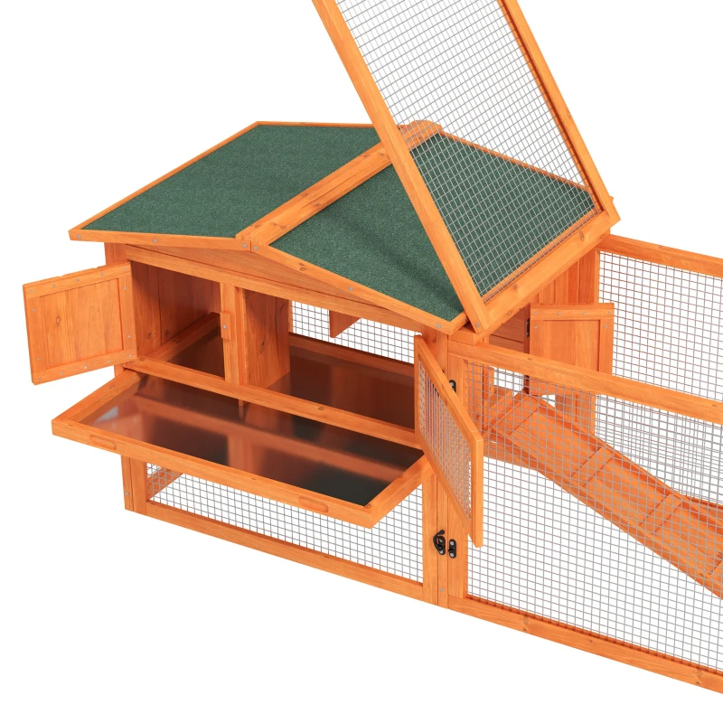 PawHut Wooden Rabbit Hutch Guinea Pig House with Removable Tray, Openable Roof, Trough, Run for Tortoises and Ferrets, Orange