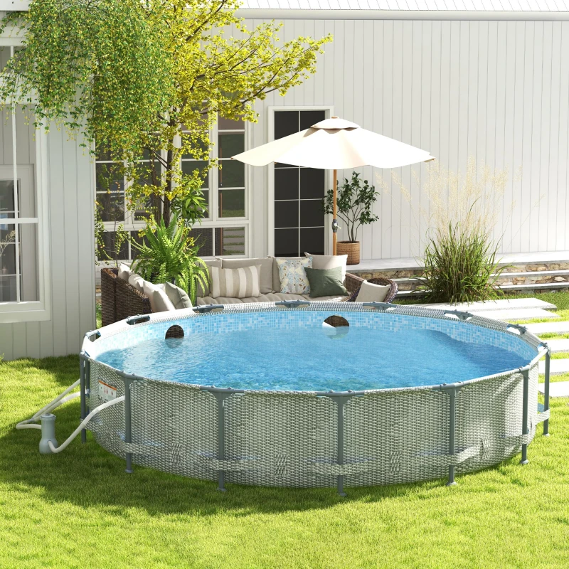 Outsunny Round Above Ground Pool, Metal Frame Pool with Cartridge Filter Pump and Repair Patch, 14' x 33", Gray Wicker