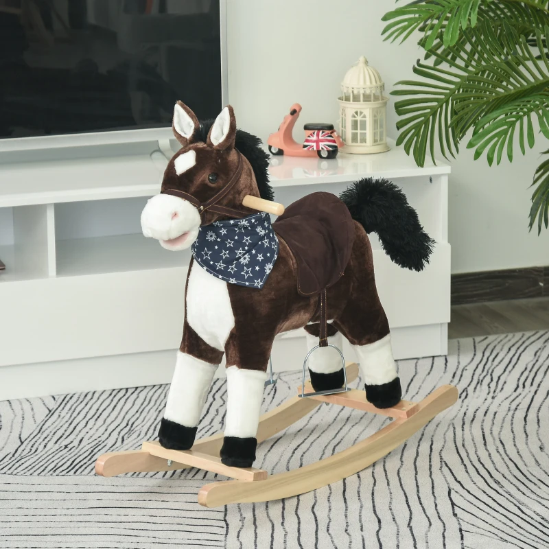 Qaba Kids Plush Ride-On Rocking Horse Toy Cowboy Rocker with Fun Realistic Sounds for Child 3-6 Years Old, Brown
