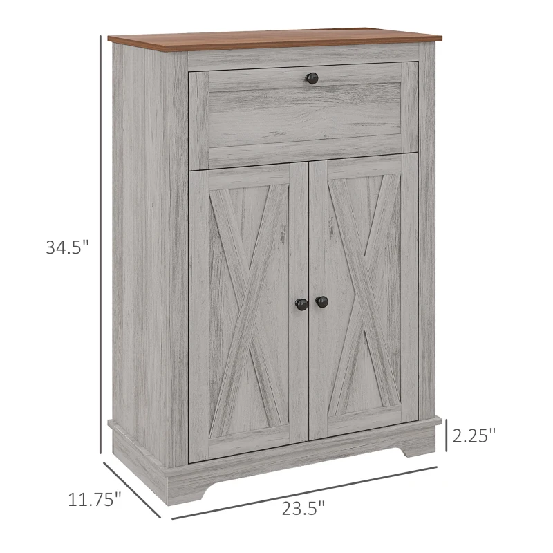 HOMCOM Farmhouse Sideboard Storage Cabinet with Doors and Drawer for Kitchen, Living room, 23.5"x11.75"x34.5", Light Gray
