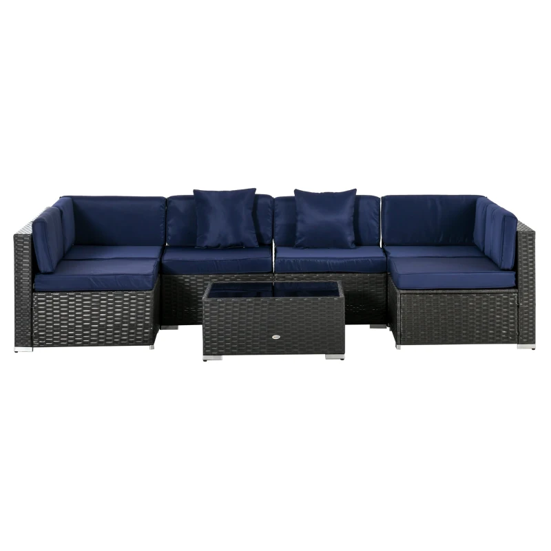 Outsunny 7 Pieces Patio Furniture Set, Rattan Outdoor Conversation Set Garden Wicker Sofa Set, Sectional Furniture, Navy