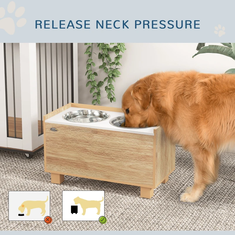 PawHut Elevated Dog Bowls with Slow Feeder Dog Bowl, Stainless Steel Food Water Bowl, Storage for Large Sized Dog, Oak