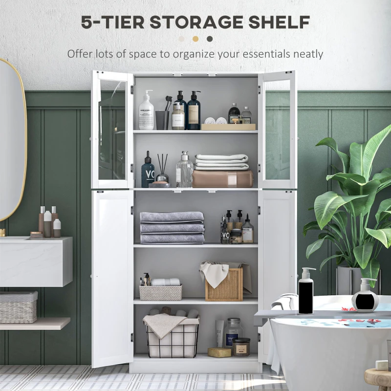 HOMCOM Tall Bathroom Storage Cabinet, Modern Bathroom Cabinet with Glass and Barn Doors, 5-Tier Floor Cabinet, White