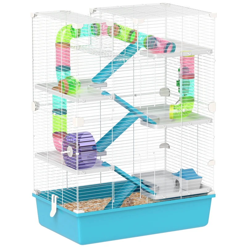 PawHut 6 Tier Hamster Cage with Tubes and Tunnels, Hut, Wheel, Food Dish, Water Bottle, Ramps, for Dwarf & Gerbil, Light Blue