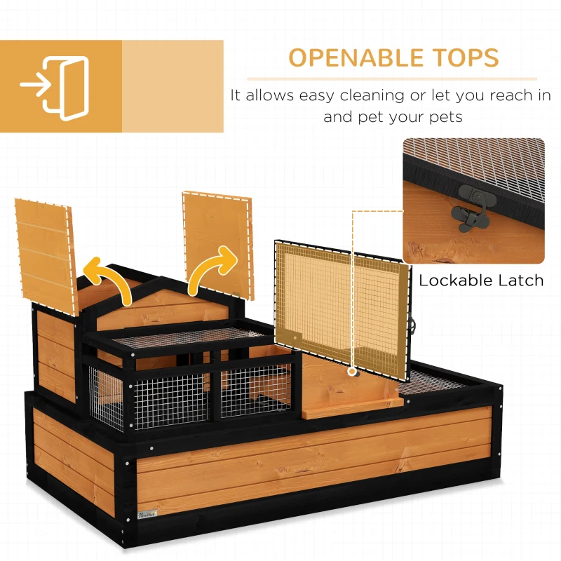 PawHut 3-Room Tortoise House Habitat with Balcony & 2 Stories, Indoor/Outdoor Wooden Tortoise Enclosure with Ladder, Tray, Openable Roof, Large Reptile Cage, 44" x 25.5" x 23", Yellow