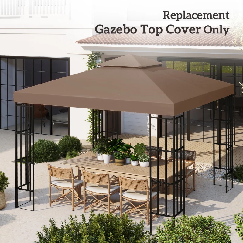 Outsunny 10' x 10' Square 2-Tier Gazebo Canopy Replacement Top Cover Outdoor Garden Sun Shade, Coffee