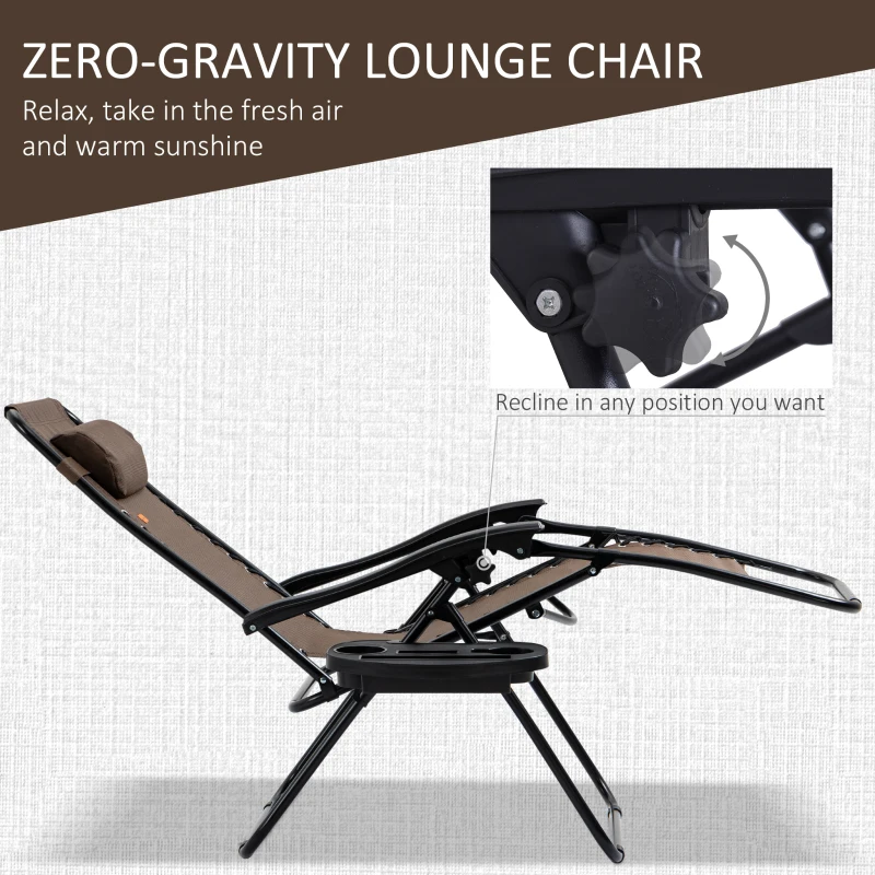 Outsunny Zero Gravity Chair Set of 2 Patio Chair with Side Table Cupholders and Pillows for Pool, Backyard, Lawn, Beach, Brown