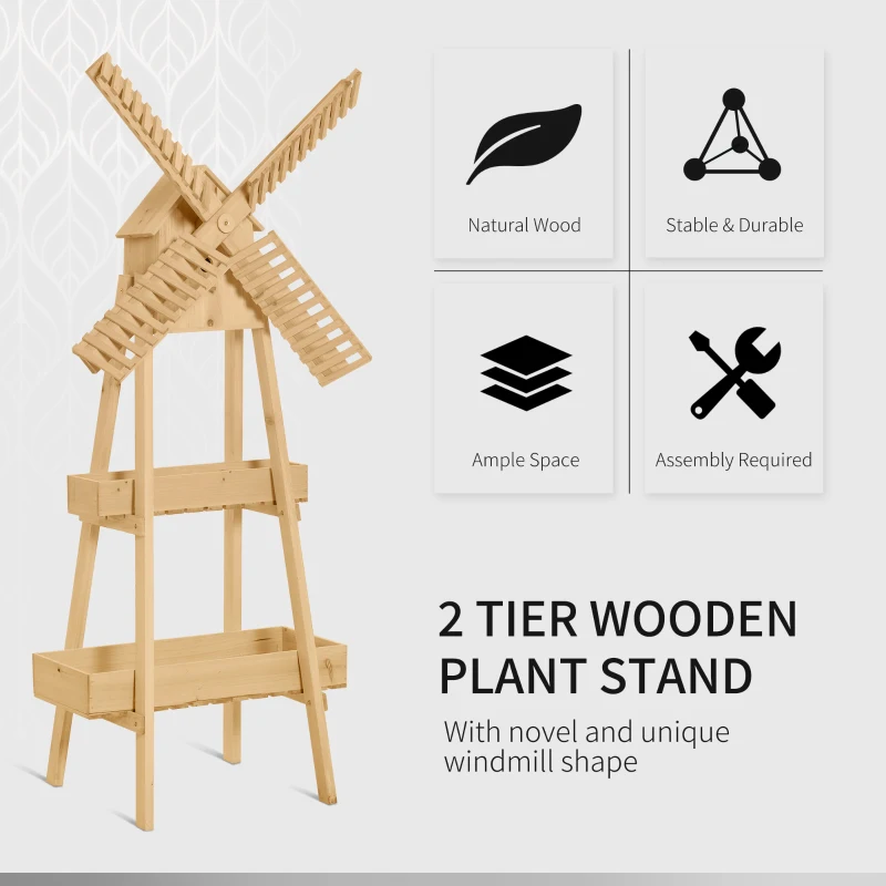 Outsunny Outdoor Plant Stand, 2 Tier Wood Flower Stand with Windmill, Garden Decor Plant Shelf with Built-in Mini Bird House, Great for Indoor/Outdoor