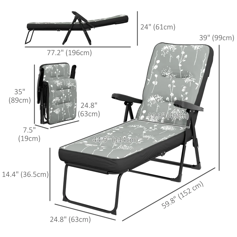 Outsunny Outdoor Lounge Chair with Padded Cushion, Folding Reclining Patio Garden Chair with Recline Back, Footrest, for Poolside, Patio, Grey