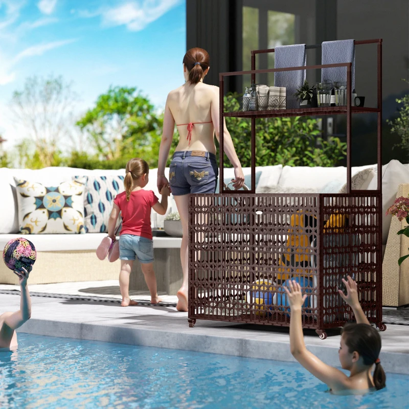 Outsunny Wicker Pool Float Storage Organizer, PE Rattan Pool Float Holder with Basket Shelf Towel Bars, Rolling Pool Caddy for Floaties, Noodles, Life Vests, Beach Balls, Mixed-Brown