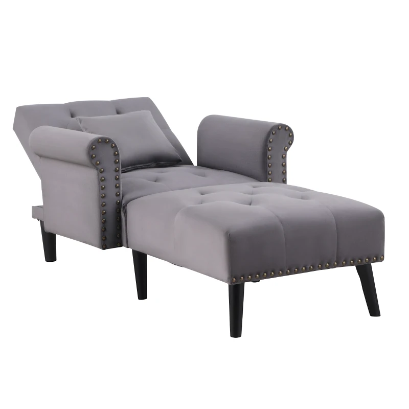 HOMCOM 2-In-1 Chaise Lounge Indoor with Rolled Armrest, Nailhead Trim and Button Tufting, Adjustable Velvet Fabric Upholstered Sofa for Bedroom and Living Room, Grey