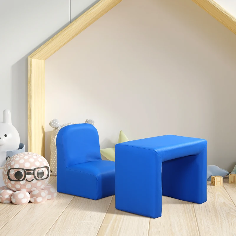 Qaba Kids Sofa, 2-in-1 Multi-Functional Toddler Table and Chair, Children Armchair Sturdy Couch for 3-9 Years Old, Blue
