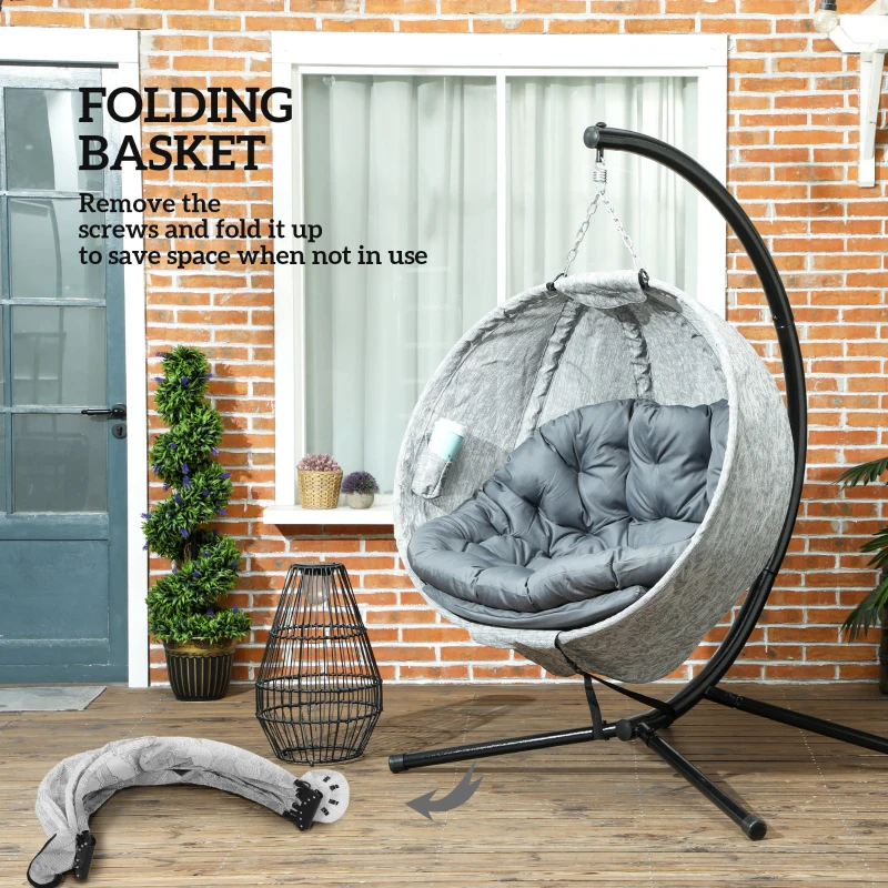 Outsunny Egg Chair with Folding Basket, Outdoor Indoor Hanging Swing Chair with Stand, Cushions for Patio, Balcony, Grey