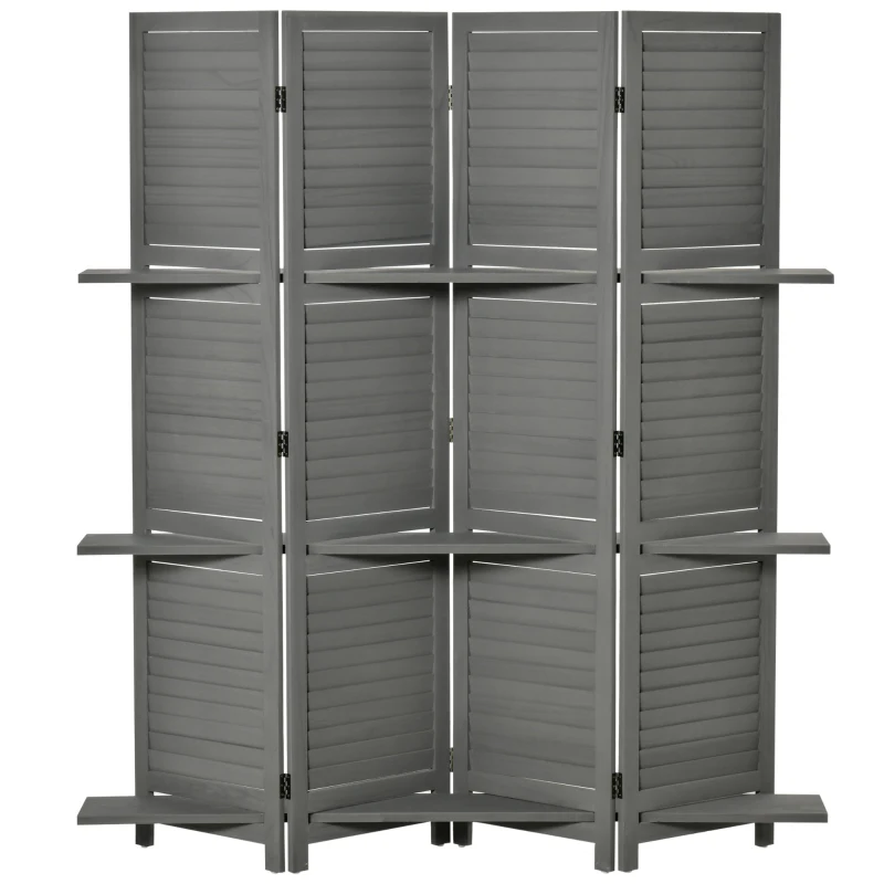 HOMCOM 4-Panel Wall Partition Room Separator with 3 Storage Shelves Foldable Design Wooden Frame 5.6FT Grey