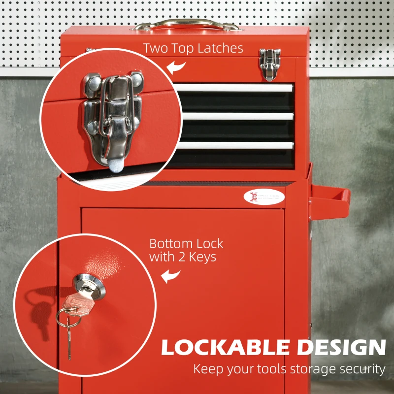 DURHAND 2 In 1 Detachable Tool Box and Tool Cabinet, 3-Drawer Rolling Tool Chest Cabinet on Wheels with Lock and 2 Keys, Red