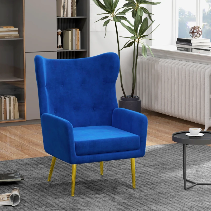 HOMCOM Fabric Wingback Armchair, Modern Accent Chair with Gold Metal Legs for Living Room, Bedroom, Home Office, Blue