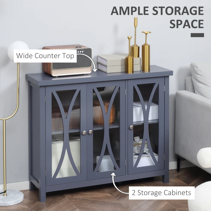 HOMCOM Sideboard, Buffet Cabinet with 3 Tempered Glass Doors, Arc Pattern and Adjustable Storage Shelf, Credenza, Gray