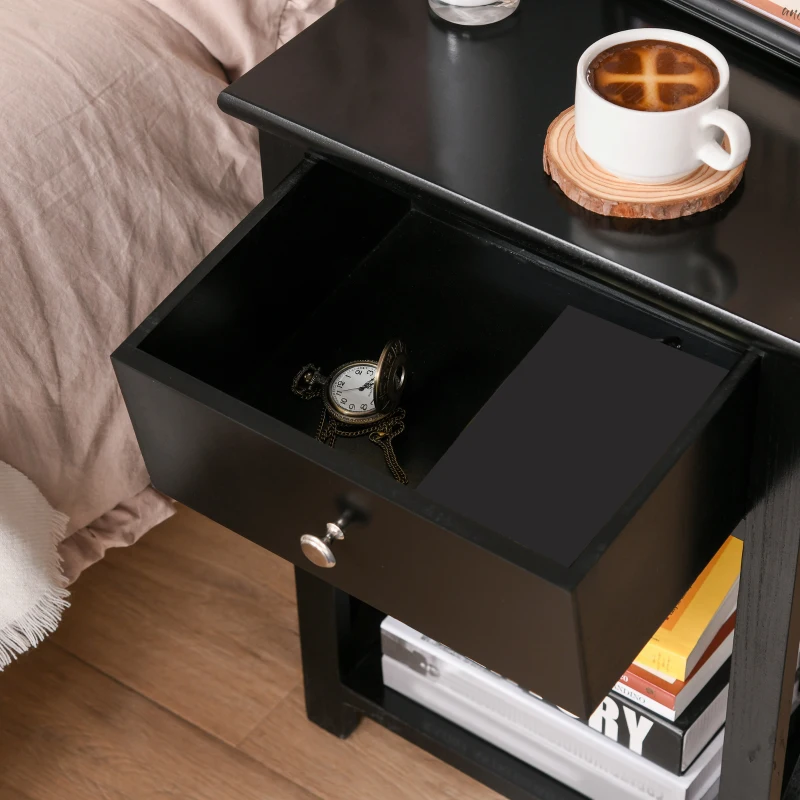 HOMCOM Farmhouse Side Table, End Table with Storage Drawer, Open Shelf and X-Frame, Bedside Table for Living Room, Black