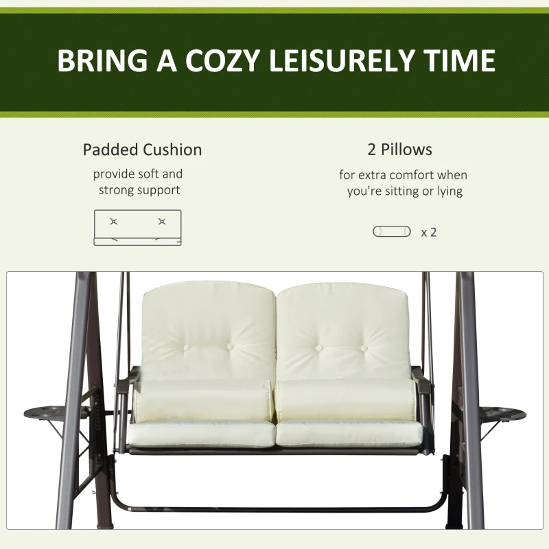 Outsunny 2-Person Patio Swing Bench with Adjustable Shade Canopy, Soft Cushions, Throw Pillows and Tray, Beige.