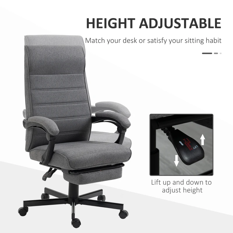 Vinsetto Computer Desk Chair, High-Back Office Chair, Reclining Chair with Adjustable Height, Footrest and Swivel Wheels, Grey