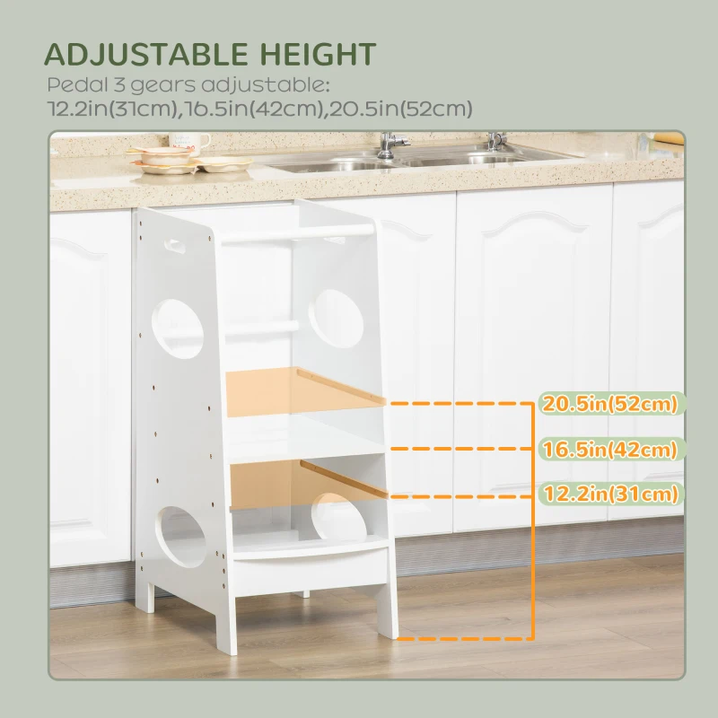 HOMCOM Toddler Tower Kitchen Helper with 3-Level Adjustable Height, Heavy-Duty Kids Step Stool with Safety Rail, White