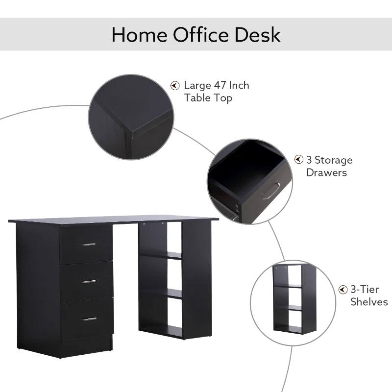 HOMCOM 47" Modern Home Office Computer Desk Bookcase Combo Writing Table Workstation with 3 Drawer and Storage Shelf - Black
