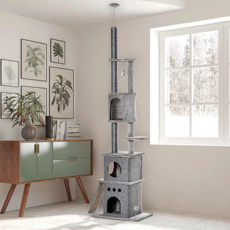 PawHut 89"-100" Floor to Ceiling Cat Tree 6-Tier Cat Climbing Tower Adjustable High with Scratching Post Board, Ramp, Cat Condo, Perch, Toy Ball, for Indoor Cat, Light Grey