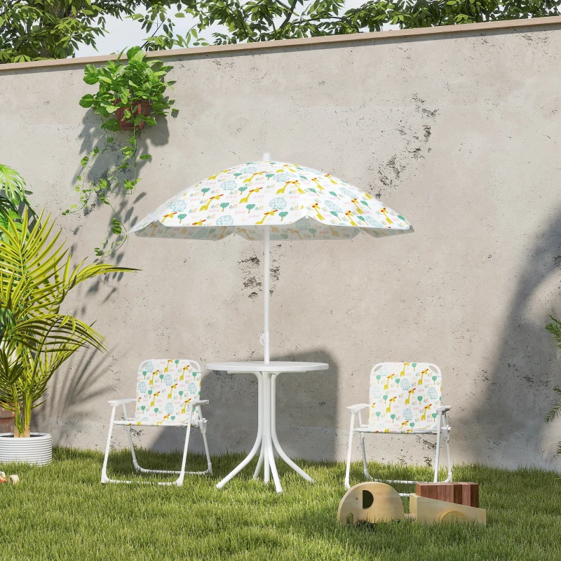 Qaba Kids Picnic Table and Chair Set, Outdoor Activity Table with Foldable Chairs, Removable Umbrella for Backyard, White