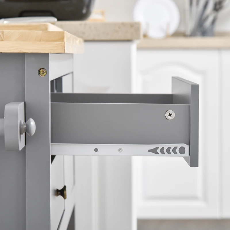 HOMCOM Rolling Kitchen Island Cart, Utility Trolley Cart with Rubberwood Top Storage Cabinet, 2 Drawers, Towel Rack, Grey