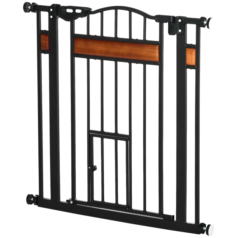 PawHut 29.1''-31.5'' Extra Wide Dog Gate with Cat Door with Stair Pressure Fit, Auto Close, Double Locking, for Doorways, Hallways, Stairs, Black