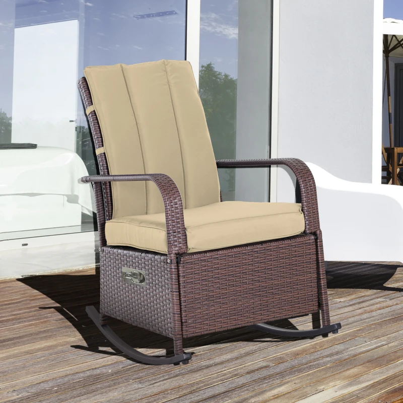 Outsunny Outdoor Wicker Rocking Chair Patio PE Rattan Recliner Chair with Cushion, Adjustable Footrest, Armrests, Khaki
