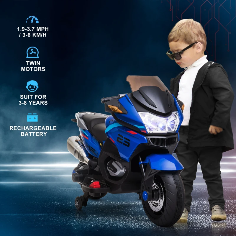 Aosom 12V Kids Electric Motorcycle with Training Wheels, Battery Power Ride on Motorbike, High-Traction at 3.7 Mph Top Speed, with Light Music, Blue