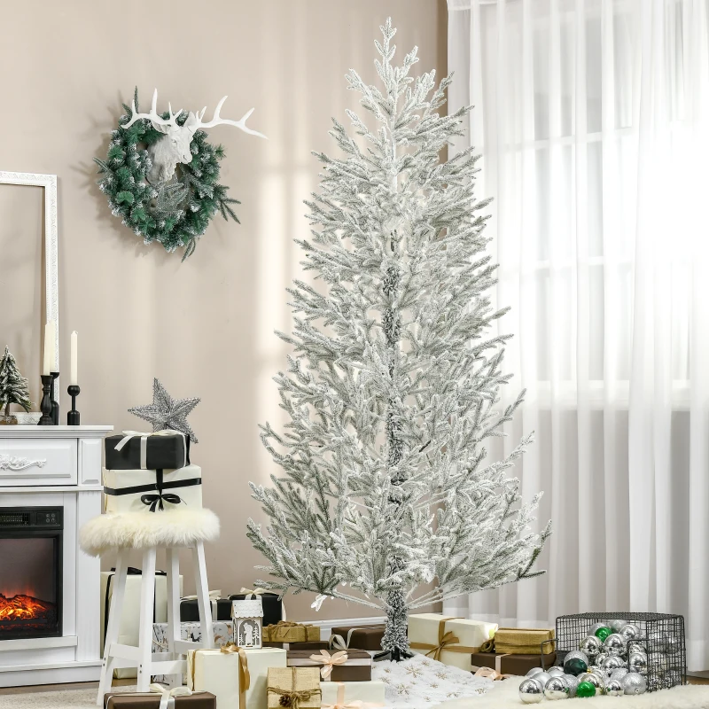 HOMCOM 7 Foot Snow Flocked Artificial Christmas Tree with 240 Fir Realistic Branches, Auto Open, Green