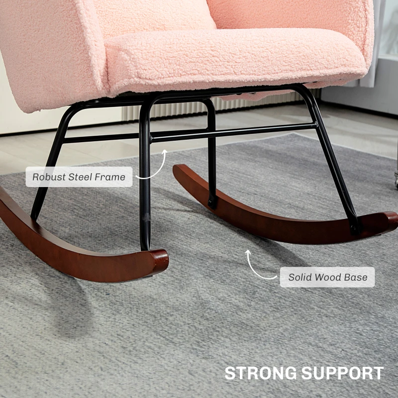 HOMCOM Nursery Rocking Chair with Headrest, Lumber Pillow, Nursing Chair with High Back for Living Room, Bedroom, Pink