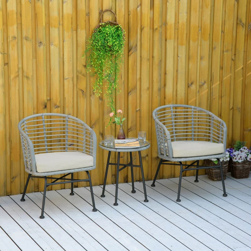 Outsunny 3 Piece Patio Bistro Set, PE Rattan with Cushioned Barrel Chairs & Glass Coffee Table, Conversation Set, Cream White