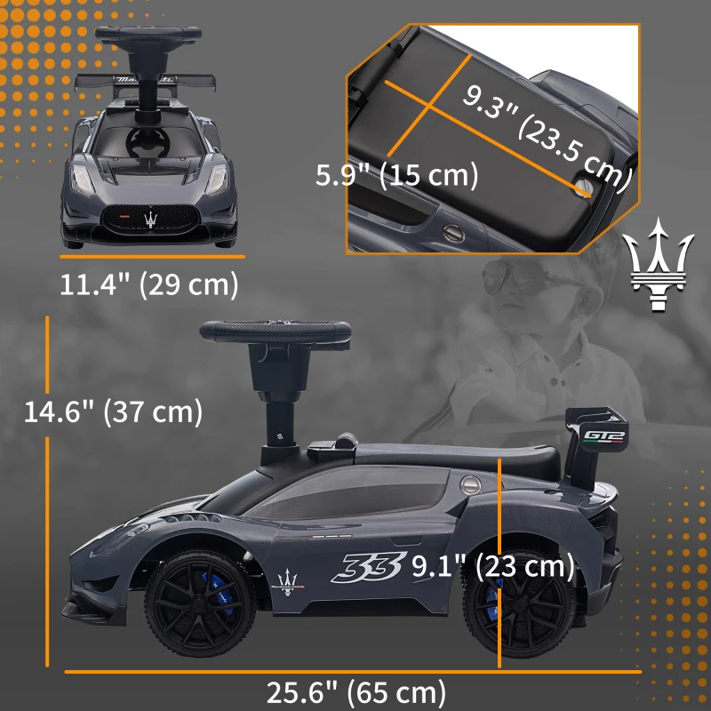 Qaba Licensed Maserati GT2 Baby Sliding Car with Storage, Music, Horn, Foot to Floor Toddler Car for 18-60 Months, Grey