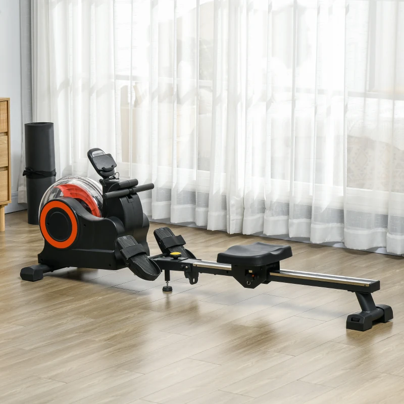 Soozier Foldable Rower Machine, Water Rowing Machine with Wheels, LCD Monitor and Tablet Holder for Cardio Training, Red