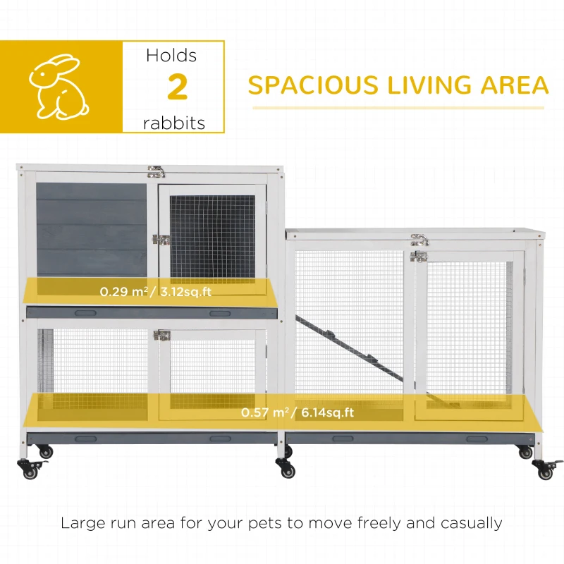 PawHut Wooden Rabbit Hutch Elevated Pet House Bunny Cage Small Animal Habitat with Slide-out Tray Lockable Door Openable Top for Indoor 58" x 18" x 35" Grey