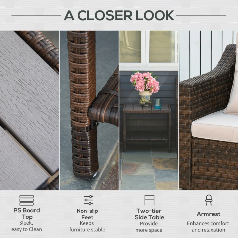 Outsunny 5-Piece PE Rattan Outdoor Patio Armchair Set with 2 Armchairs, 2 Ottomans, Wood Grain Plastic Top Coffee Table Conversation Set, & Metal Frame Build, Mixed Gray