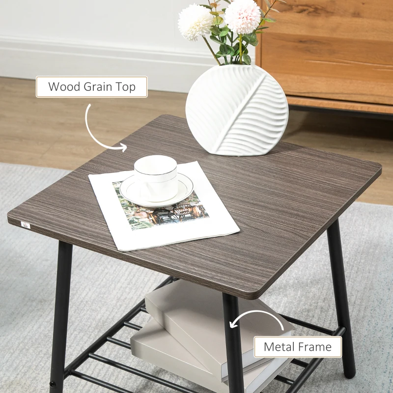 HOMCOM Square Side Table with Storage, 2-Tier End Table with Slat Shelf and Metal Frame for Living Room, Gray