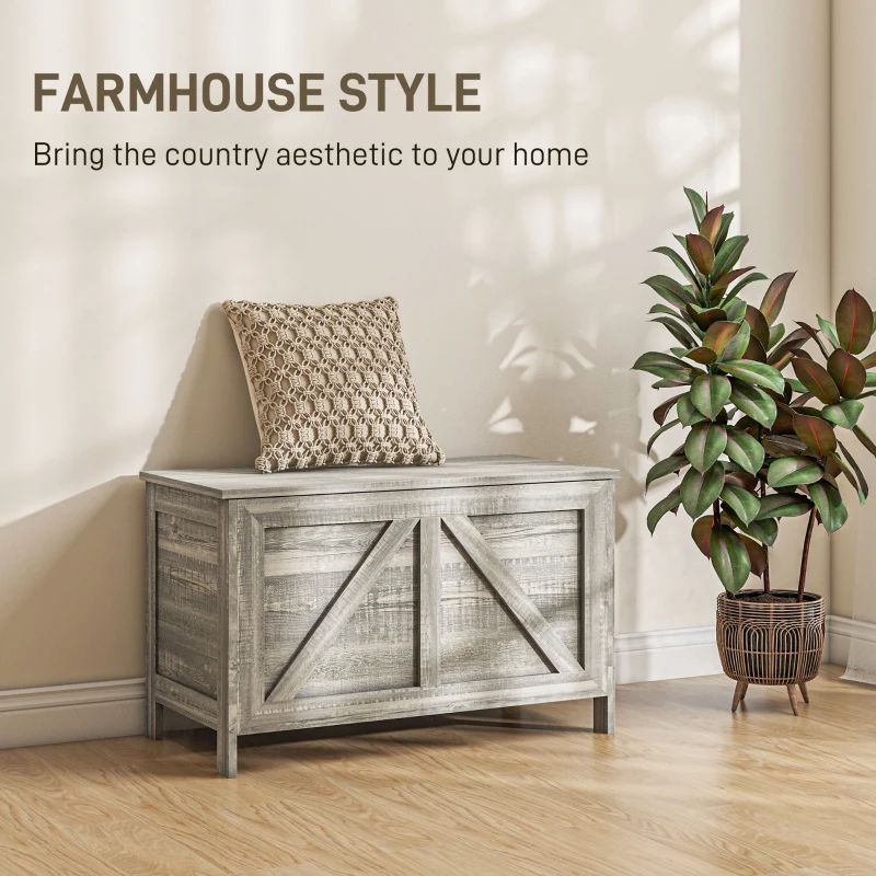 HOMCOM Storage Chest, Farmhouse Lift Top Box Organizer with Safety Hinge, for Bedroom, Entryway, Living Room, Gray Wood Grain