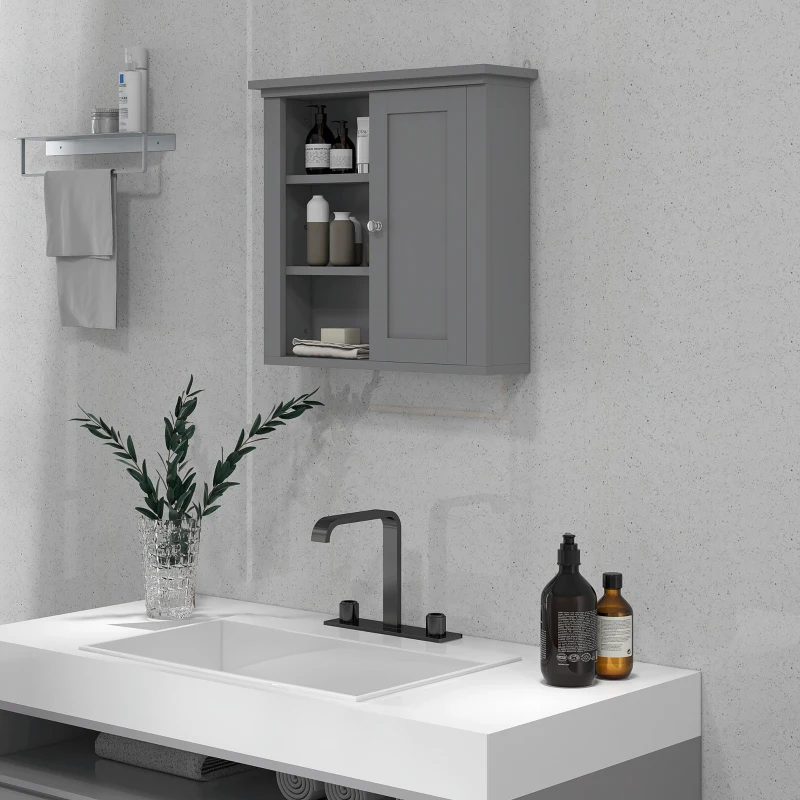 HOMCOM Bathroom Wall Cabinet, Wall Mounted Medicine Cabinet with 3 Open Shelves and Storage Cupboard for Laundry Room, Grey