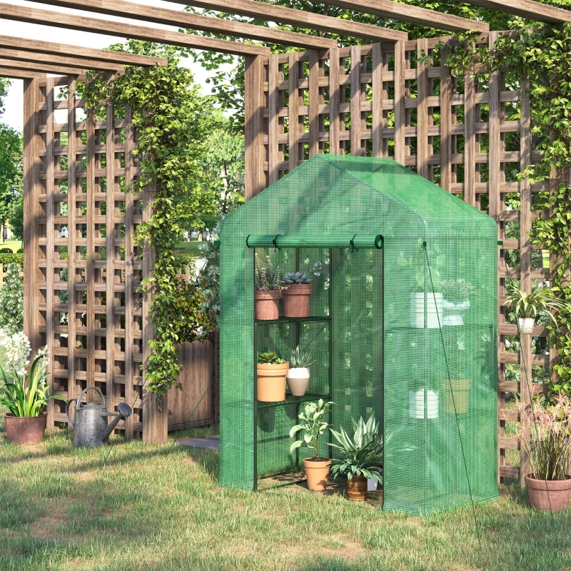 Outsunny 3-Tier Mini Greenhouse, Walk-in Greenhouse, Garden Hot House with 4 Shelves, Roll-Up Door and Weatherized Cover, 56" x 29" x 77", Dark Green