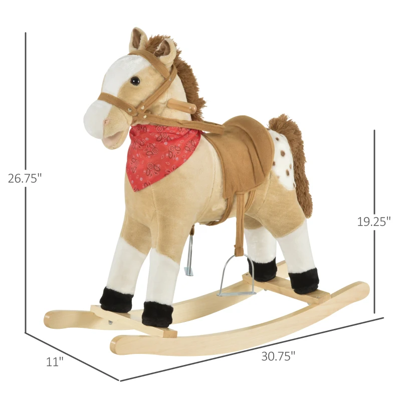Qaba Kids Plush Ride-On Rocking Horse Toy Cowboy Rocker with Fun Realistic Sounds for Child 3-6 Years Old, Beige